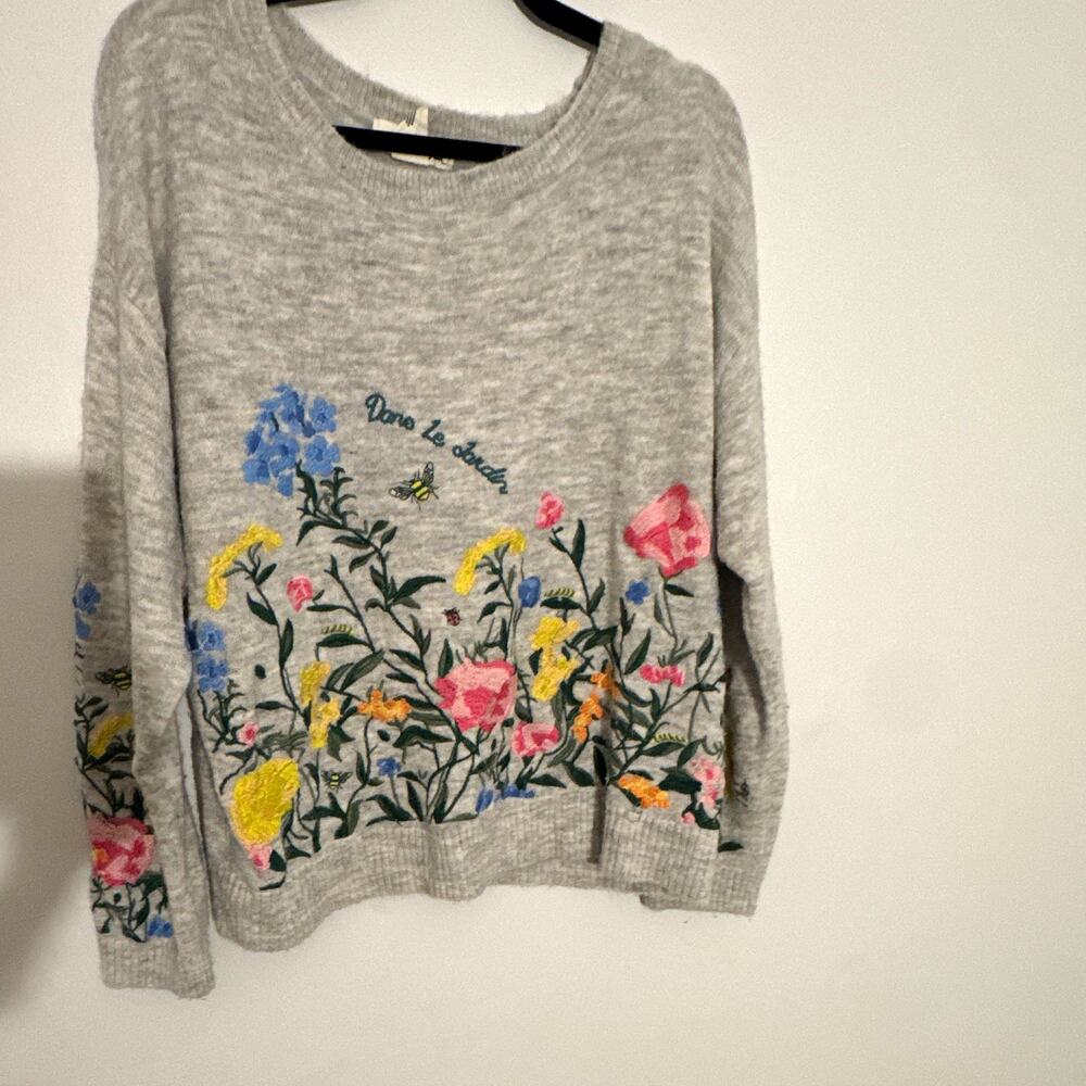 L.O.G.G. Women’s Gray Knit Embroidered Floral Crewneck Pullover Sweater L